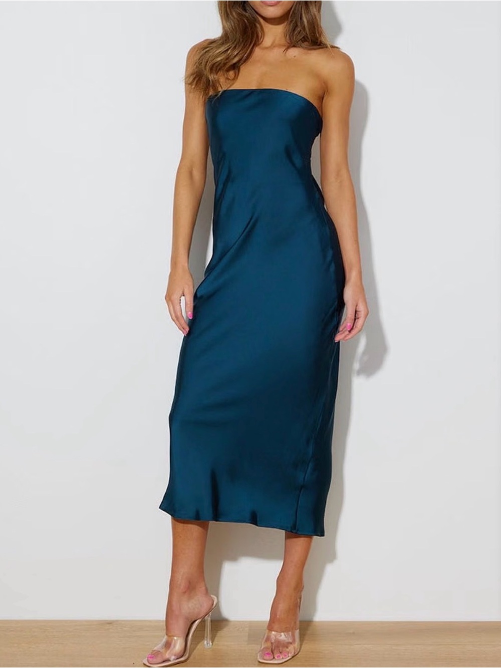 Strapless Satin Midi Dress - Teal